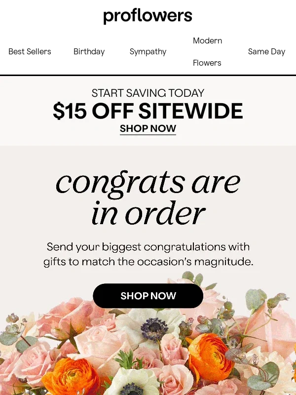 ProFlowers - Fresh Flowers & Make Their Day with $15 Off!