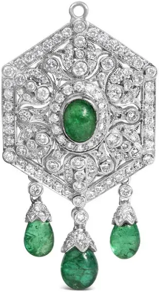 18K Art Deco Diamond and Emerald Dangle Brooch Pin