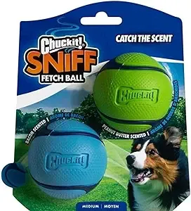 Chuckit! Sniff Ball Dog Toy, Durable High Bounce Bacon and Peanut Butter Scented Rubber Dog Ball Fetch Toy, Medium, 2 Pack $6.97  Amazon