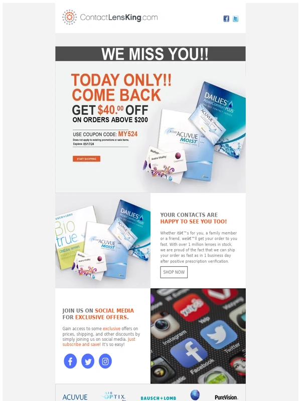 Contact Lens King - We Miss You! Get $40 OFF Today Only at Contact Lens King