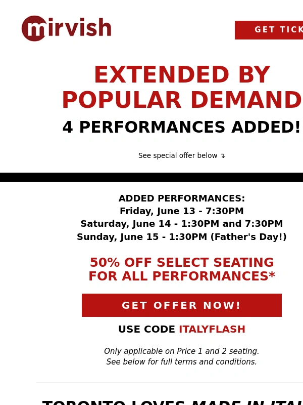 Mirvish - Made in Italy Extended by Popular Demand!