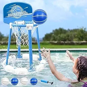 Pool Basketball Hoop Poolside with backbroad, Floating Pool Toys with 4 Basketballs/ 4 Water Balloons/Pump, Outdoor & Indoor Basketball Hoop for Kids and Adults, Blue