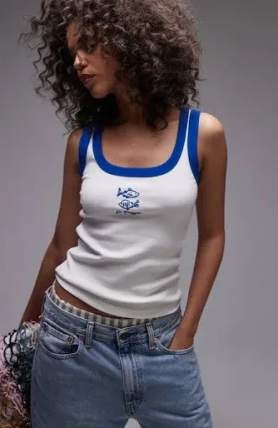 Topshop embroidered Poisson rib vest with blue contrast in white