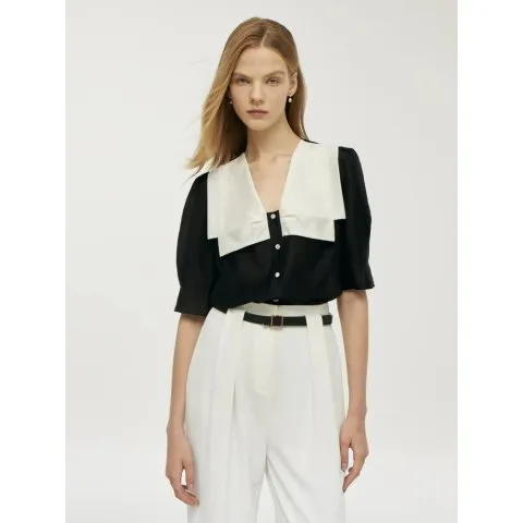 Tencel Patchwork Lapel Women Shirt