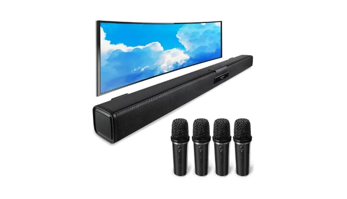 Quntelon TV Soundbar Speaker with Bluetooth/AUX/USB/TF/Coaxial, Sound Bar for Smart TV with 4 Wireless Microphones, Surround Sound System for TV (Full Black, 4mic)