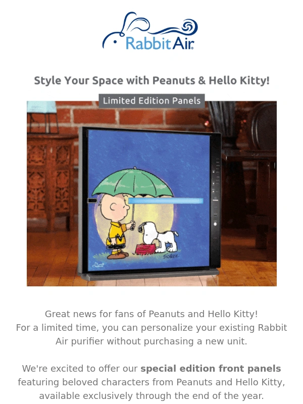 Rabbit Air - Exclusive Offer: Peanuts & Hello Kitty Panels Available Now!