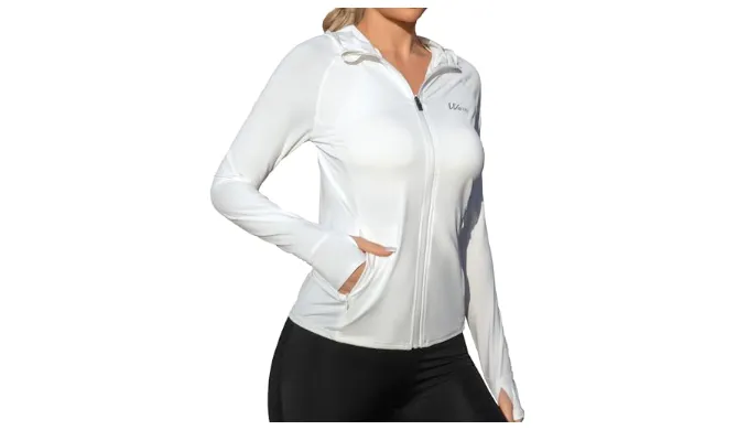 We1Fit Womens Athletic Hoodie UPF 50+ Sun Protection Jacket Long Sleeve Sun Shirt Yoga Gym Workout Cooling Shirts White
