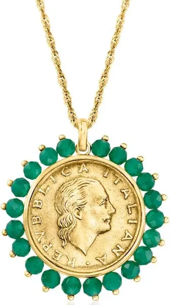 Ross-Simons Genuine 200-Lira Coin and Green Agate Medallion Pendant Necklace in 18kt Gold Over Sterling