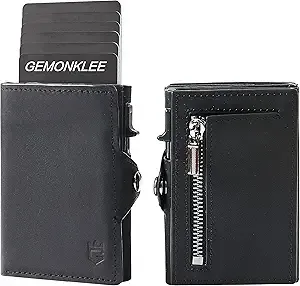 Gemonklee Wallet For Men Pop up Card Wallet RFID Blocking Slim Aluminum Metal Bank Card Holder Case with Business Money Pocket for Credit Cards Notes and Coins (Black)