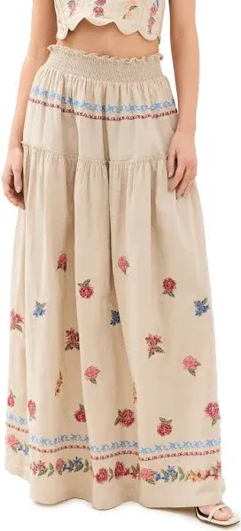 Agua Bendita Women's Jenna Floral Embroidered Smocked Waist Maxi Skirt
