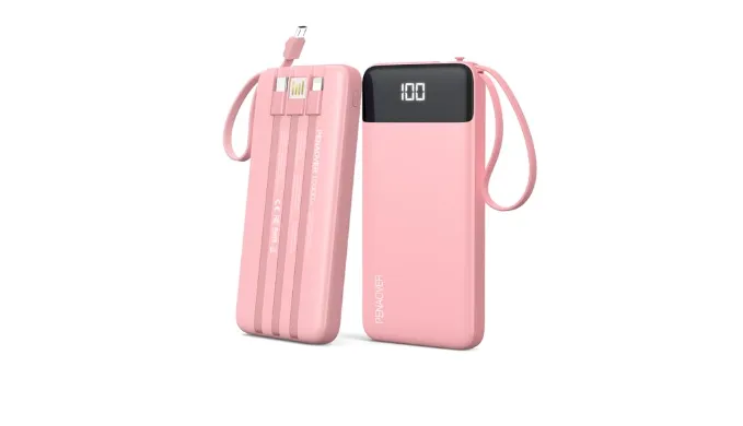 penaover Portable Charger 10000mAh Power Bank with Built-in Cable, 5 Output 2 Input Travel Essential External Battery Pack with LED Display Compatible with iPhone 16/15 Samsung S22 Android,etc