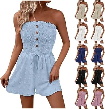 Womens Rompers for Summer Sexy Strapless Jumpsuit Elegant Ruffle Ruched Elastic Waist Jacquard Short Jumpsuits