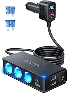 BESTEK Cigarette Lighter Splitter Adapter: 9 in 1 Car Charger 148W 3-Socket PD 30W and QC3.0 18W Charging Ports LED Display Super Fast Charger for 12V/24V