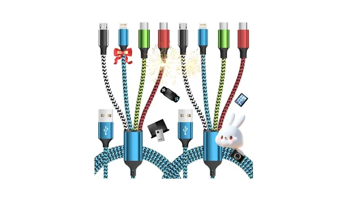 Jogrytece Dual Type-C 4 in 1 Charging Cable, (2 Pack 5FT) Multi Charging Cables for Multiple Devices,Universal Charger Phone Charger Cord with 2 USB-C/IP/Micro USB Port for Cellphone/Tablets/Pads