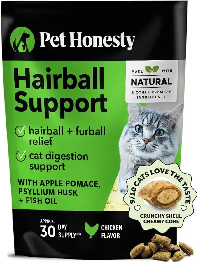 Pet Honesty Cat Hairball Support Crunchy & Creamy Chews, Hairball Remedy Treats, Cat Furball Treatment, Supports Skin & Coat, Vitamins for Digestion, Chicken (30-Day Supply)