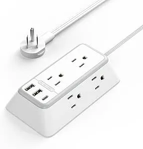 NTONPOWER 6-Outlets 10ft Long Extension Cord Surge Protector Power Strips with USB-C (White)