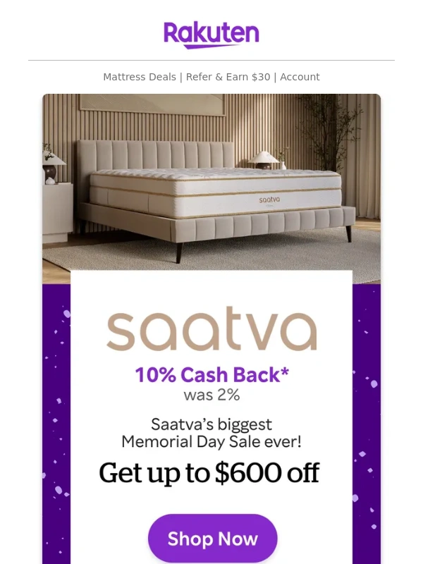 Rakuten - Saatva: 10% Cash Back + Up to $600 off mattresses