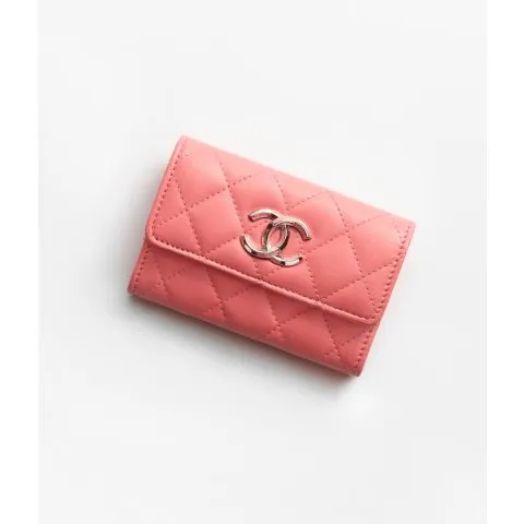 Chanel Flap Card Holder Lambskin, Enamel & White-Tone Metal Pink