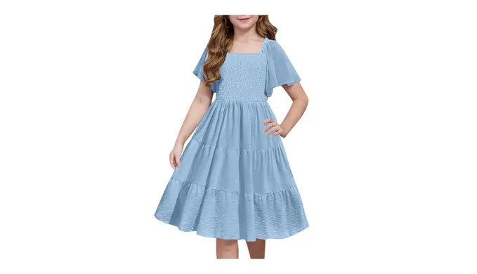 Lmdudan 2025 Girls Summer Dress Boho Casual Smocked Swing Flowy Ruffle Midi Dresses Square Neck Party Dresses 5-15 Years Blue