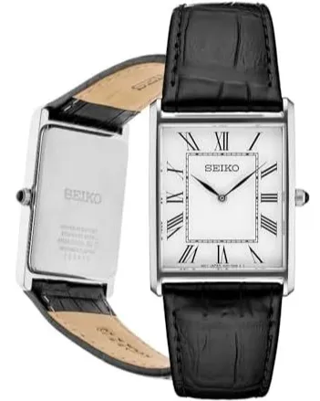 Seiko SWR049 Men's Essential Watch with Stainless Steel Rectangular Case and Leather Strap