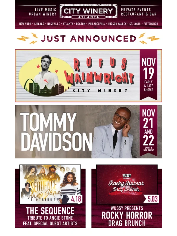 City Winery - Just Announced! ? Rufus Wainwright,Tommy son,Jake Shimabukuro and more!
