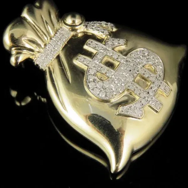 10K Yellow Gold Diamond Dollar Money Bag Pendant