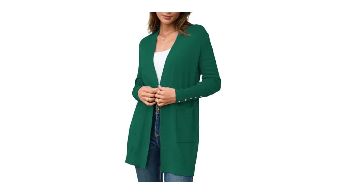 BB&KK Womens Open Front Cardigan Sweaters Button Cuff Long Sleeve Knit Tops Casual Fall Coats Outerwear with Pockets Dark Green S