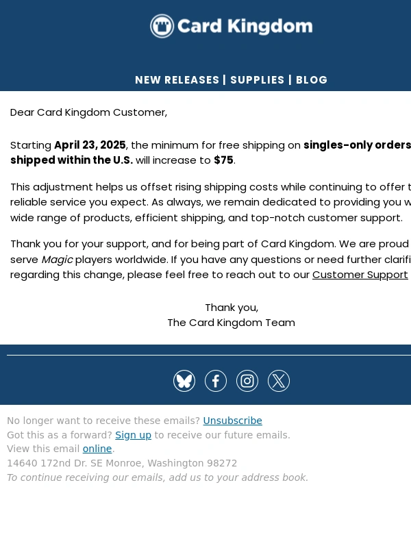 Card Kingdom - Free Shipping Update in Effect April 23rd,2025