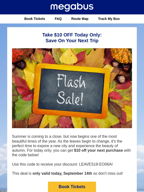 megabus - Fall Flash Sale: $10 Off Today Only