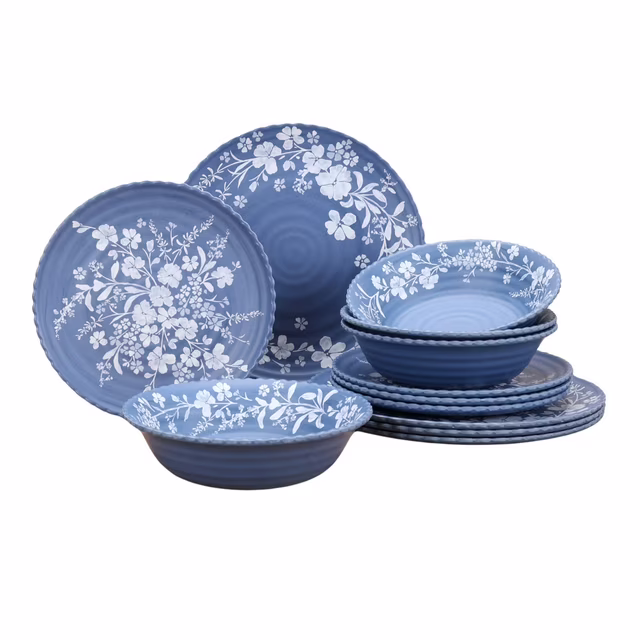 The Pioneer Woman 12-Piece Daisy Bamboo Melamine Dinnerware Set, Blue