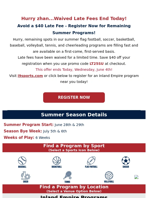 i9 Sports - ? Waived Summer Late Fees End Today!
