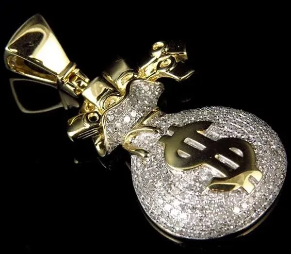 10K Yellow Gold 1.75ct Diamond Money Bag Charm Pendant