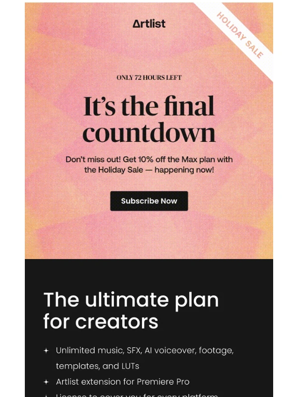 Artlist - Artlist.io,clock’s ticking! Grab your chance to save with the Holiday Sale