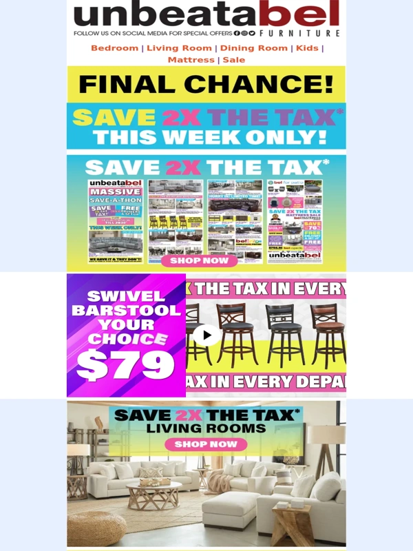 Bel Furniture - Final Chance! Save 2X the Tax + Free Delivery & Setup Ends Today! ?️