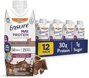 Ensure Max Protein Shake | Milk Chocolate with Caffeine | Ready to Drink | 30g Protein for Muscle Health | 1g Sugar, 4g Fiber | 11 fl oz, 12 Pack