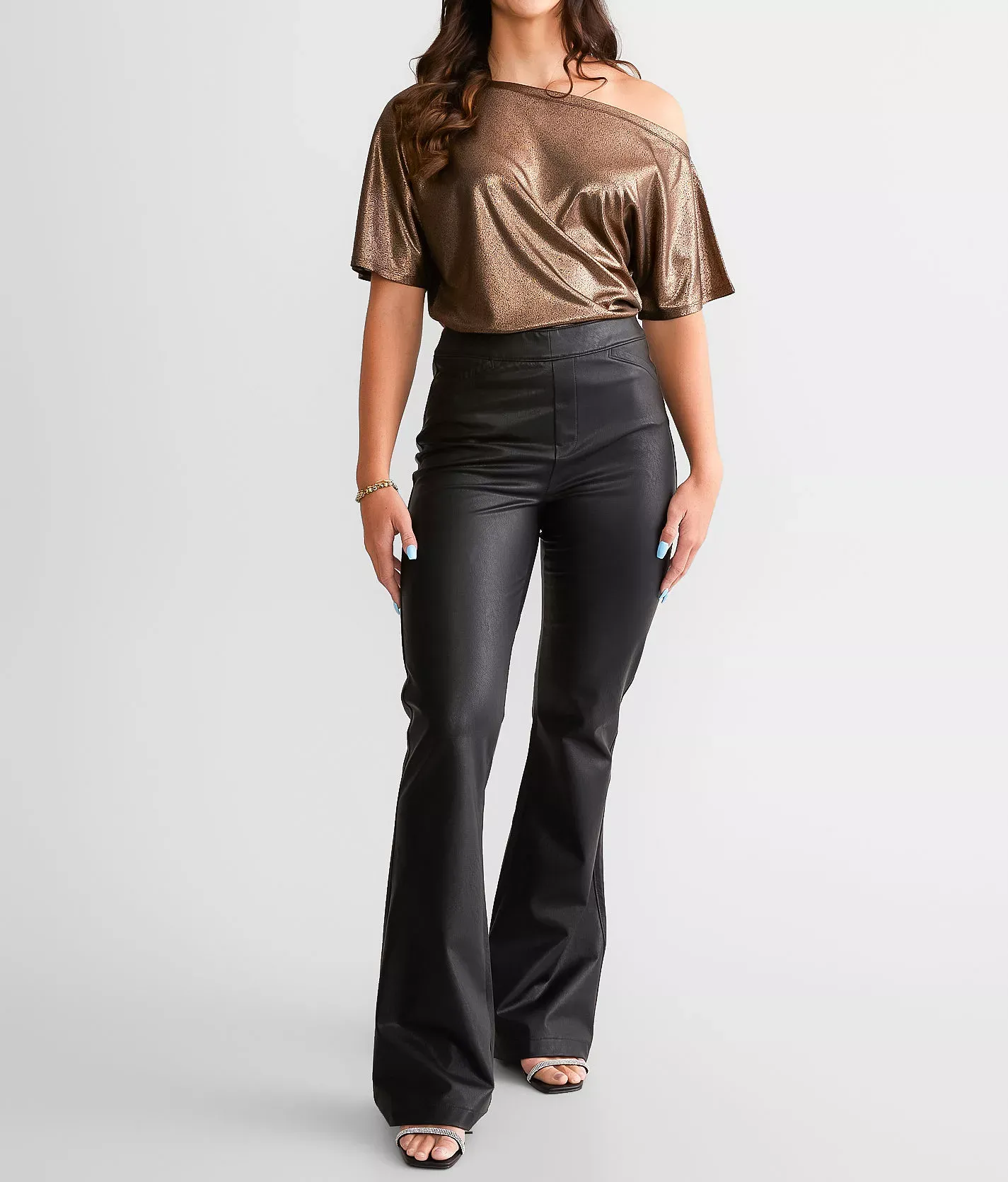 Buckle Black Pull On Flare Pleather Stretch Pant  - female - Size: Extra Small
