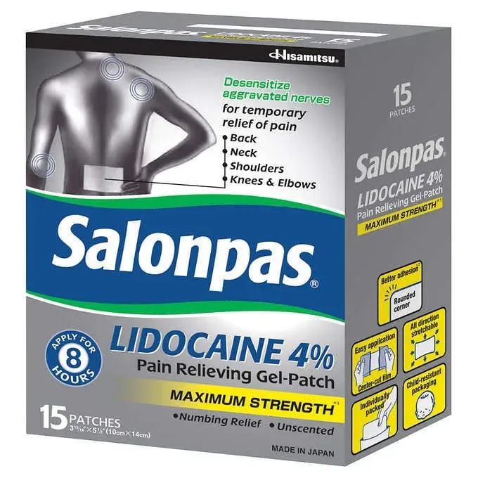 Salonpas LIDOCAINE 4% Pain Relieving Gel-Patch, 15 Patches