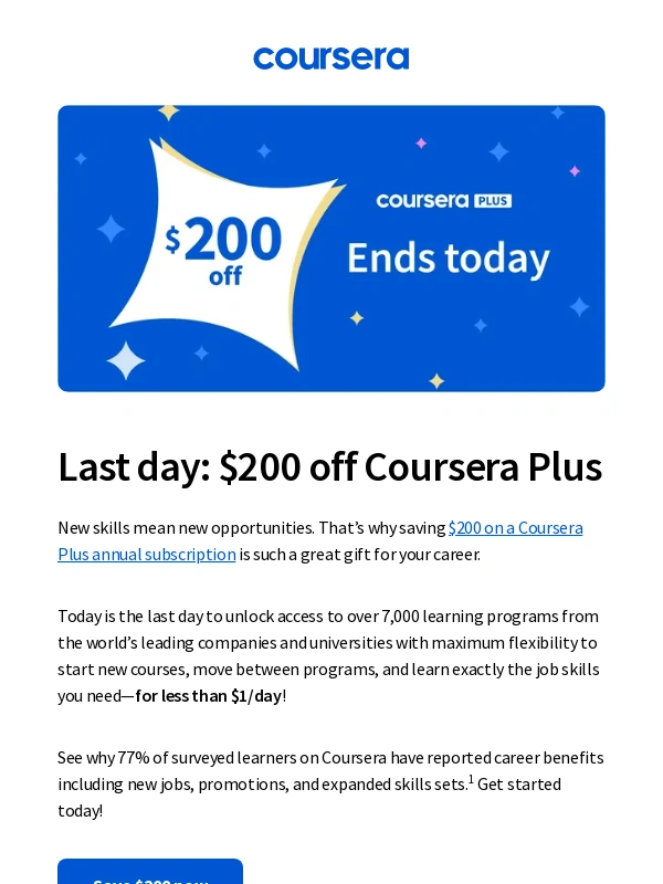 Coursera - Ends today! Save $200 on Coursera Plus!