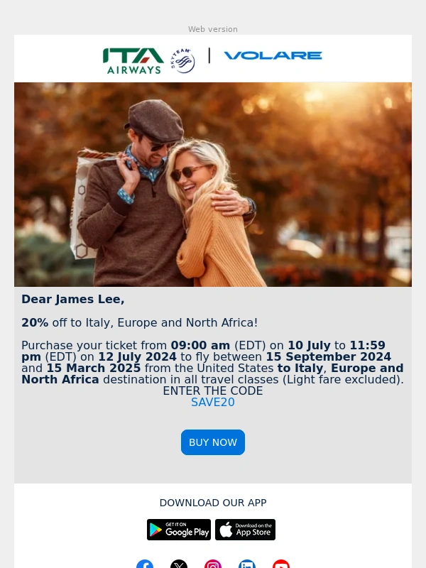 Ita Airways - 20% off to Italy,Europe and North Africa
