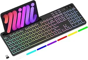 Wireless Keyboard with 7-Color RGB Backlit, Full-Size Computer Keyboard with Phone Tablet Holder, 2.4G Rechargeable Gaming Keyboard with Light Up Keys, Compatible with Mac, Windows (Black)