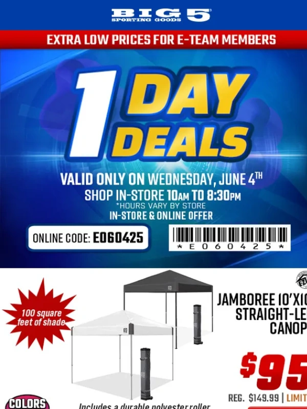 Big 5 Sporting Goods - $29 Golden Bear 3-Person Dome Tent + $95 Intex 12-Feet Backyard Pool + Other One Day Deals,Wednesday Only!