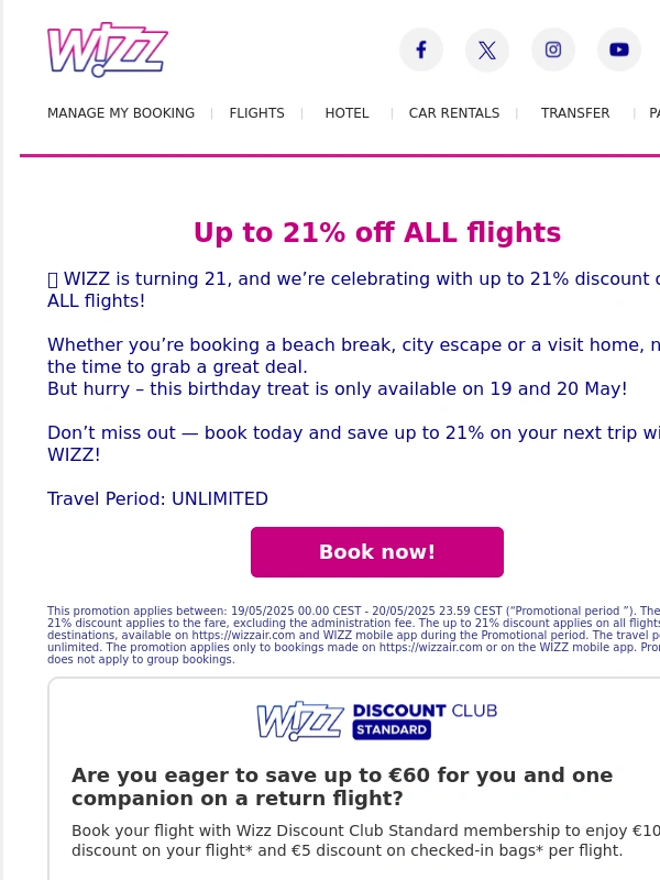 Wizz Air - 21% off ALL flights! ?