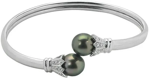 PearLustre by Imperial Women's Sterling Silver Tahitian Pearl and White Topaz Bangle Bracelet