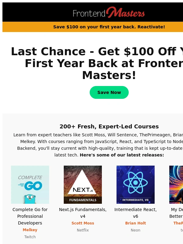 Frontend Masters - ? Spring Sale Final Day: Return to Frontend Masters & Save $100
