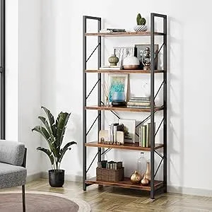 Shintenchi Bookshelf, 5 Tier Bookshelf, Tall Bookcase Shelf for CDs/Movies/Books, Home Office Bookcase Shelf Storage Organizer, Modern Book Shelf for Bedroom/Living Room/Home Office, Rustic Brown