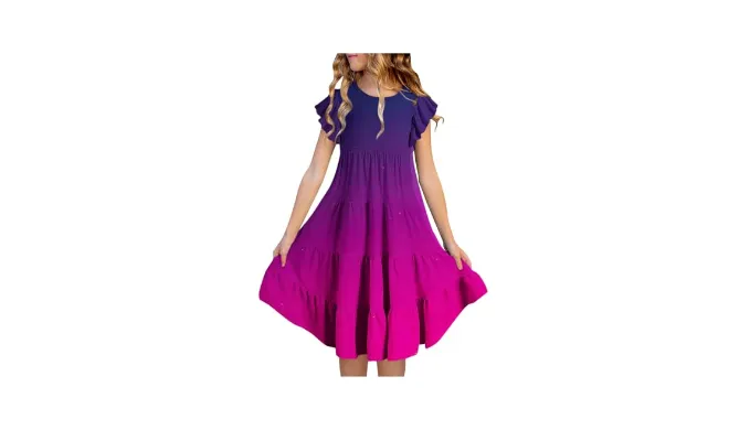 Uillui Girls 2025 Summer Boho Dress Tween Ruffles Tiered Dresses Flowy Sundress Casual Gradient Midi Dress Size 6-14 Years