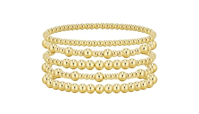adoyi Gold Bracelets for Women Beaded Bracelet 14K Gold Plated Bracelet Stack Strand Stretch Bead Ball Bracelet Set Stackable Bracelet Adjustable Bracelet Set Jewelry for Gifts 7.25 inches