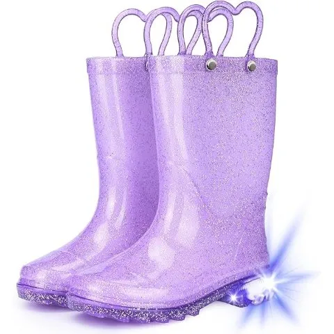 Toddler Rain Boots Girls Rain Boots - Glitter Light Up Kids Rain Boots with Easy-On Handles Lightwight Waterproof Rain Shoes(Toddler/Little/Big kids)