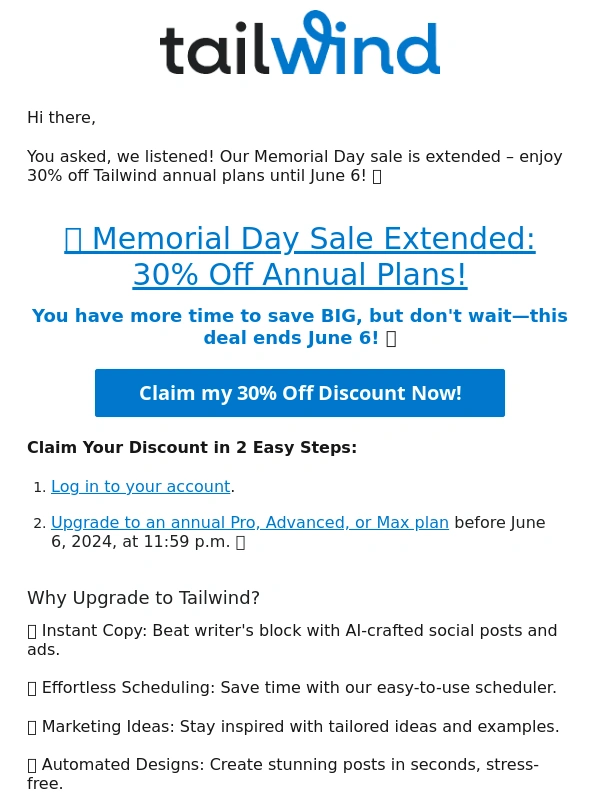 Tailwind - Save 30% on Tailwind Annual Plans – Memorial Day Sale Extended!