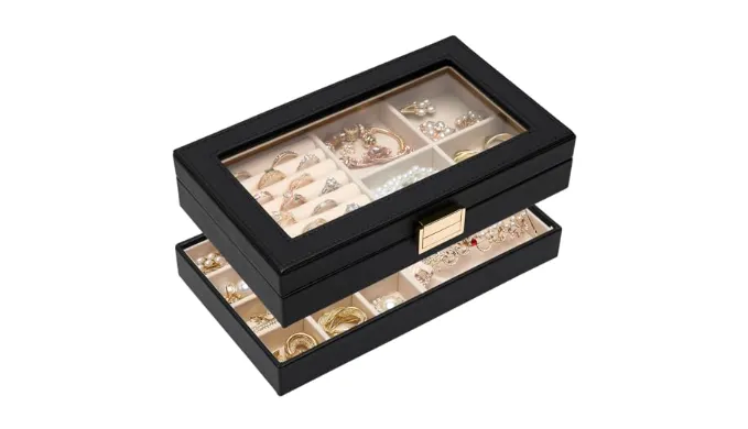 Homde Jewelry Tray | Stackable Jewelry Box | Drawer Jewelry Organizer | with Glass Lid, Removable Dividers for Vanity Table | Gift Idea for Girls and Women (Black)